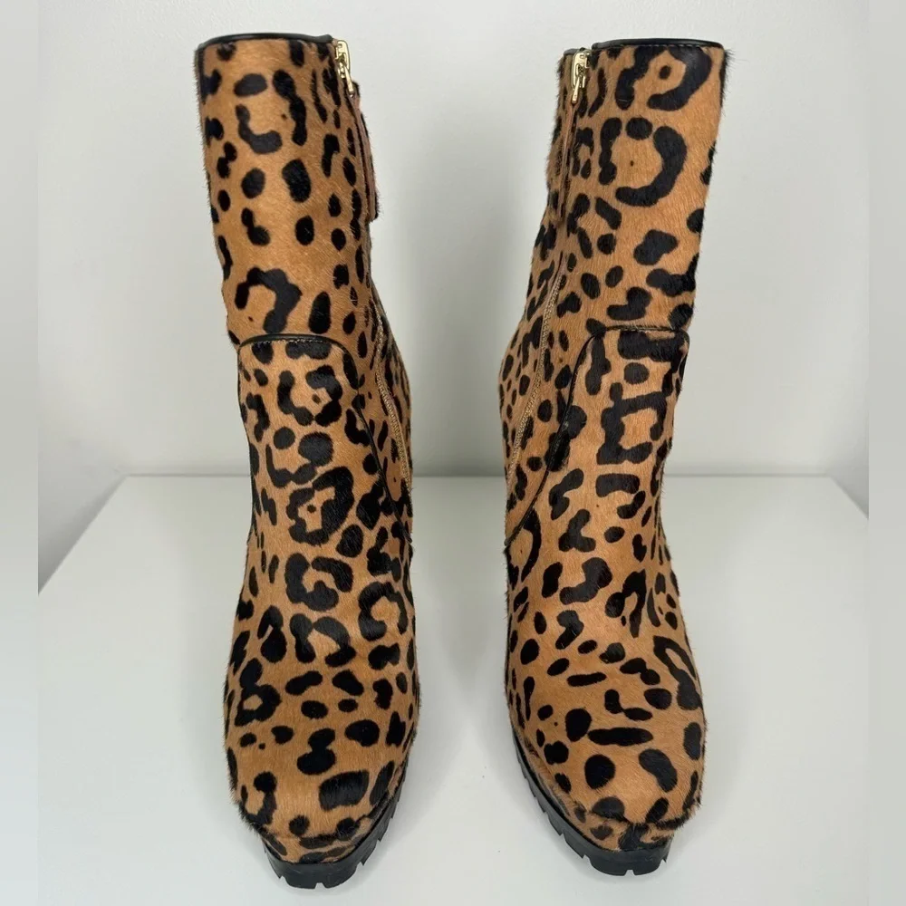 Alice + Olivia Harper Cheetah Print Calf Hair Mid-Calf Platform Boots Size 38.5